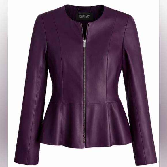 Badgley Mischka Jackets & Blazers - Badgley Mischka Plum Genuine Leather Peplum Zip Jacket Women's Sz Petite Small